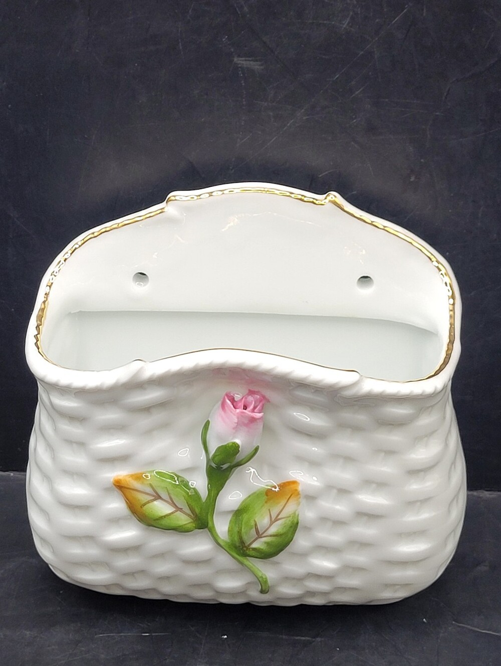 Vintage Porcelain Ceramic Wall Pocket Planter Basketweave Pink Rose Japan 5x5